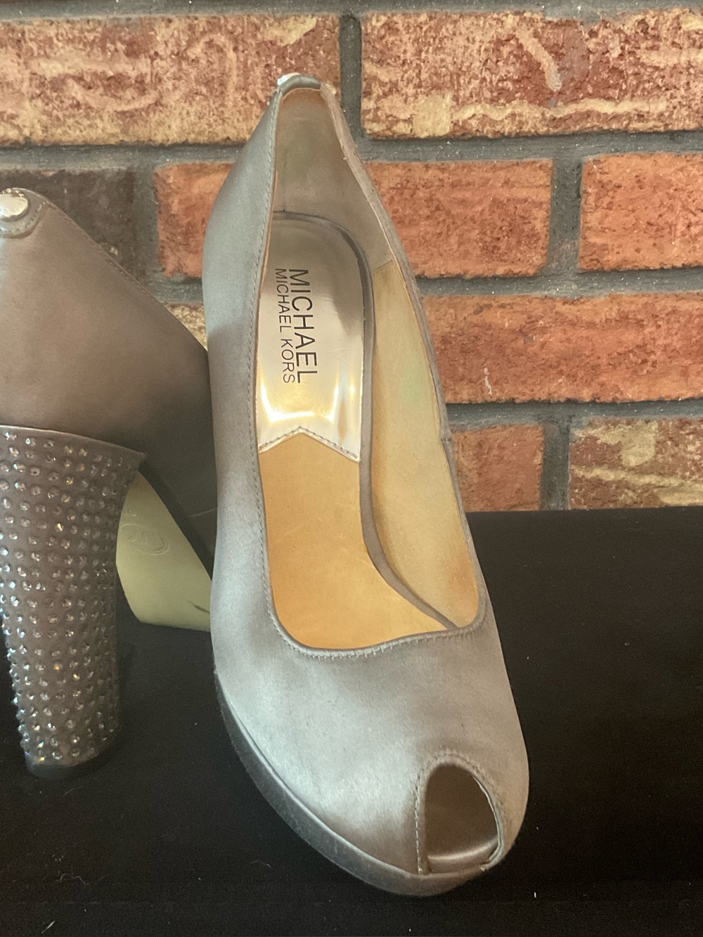 MICHAEL Michael Kors Gray Suede Peep-Toe Pumps with Studded Heel
